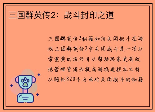 三国群英传2：战斗封印之道